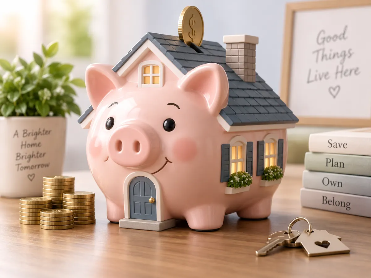 Alcancía con forma de casa junto a monedas y llaves