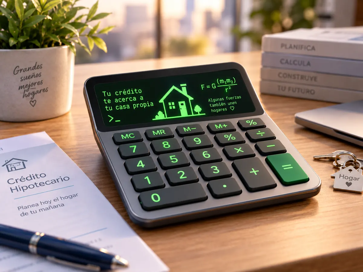 Calculadora junto a un documento de crédito hipotecario sobre un escritorio