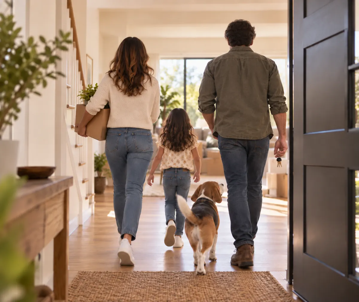 Familia con su perro entrando a su nueva casa