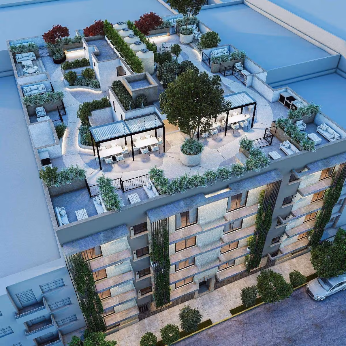 Vista aérea de un desarrollo de departamentos con roof garden